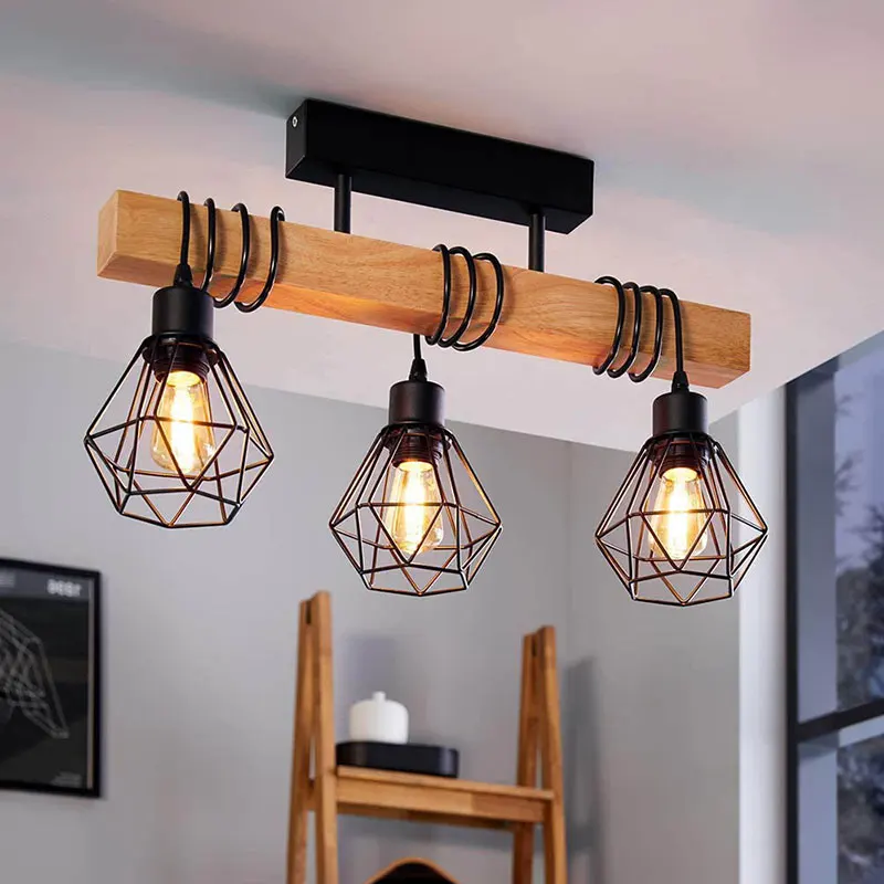 Luminária Pendente Vintage de Madeira e Ferro, Estilo Nórdico Americano, com Tira Longa, para Teto, Café, Loja de Roupas, Bar, Mesa, Restaurante e Quarto