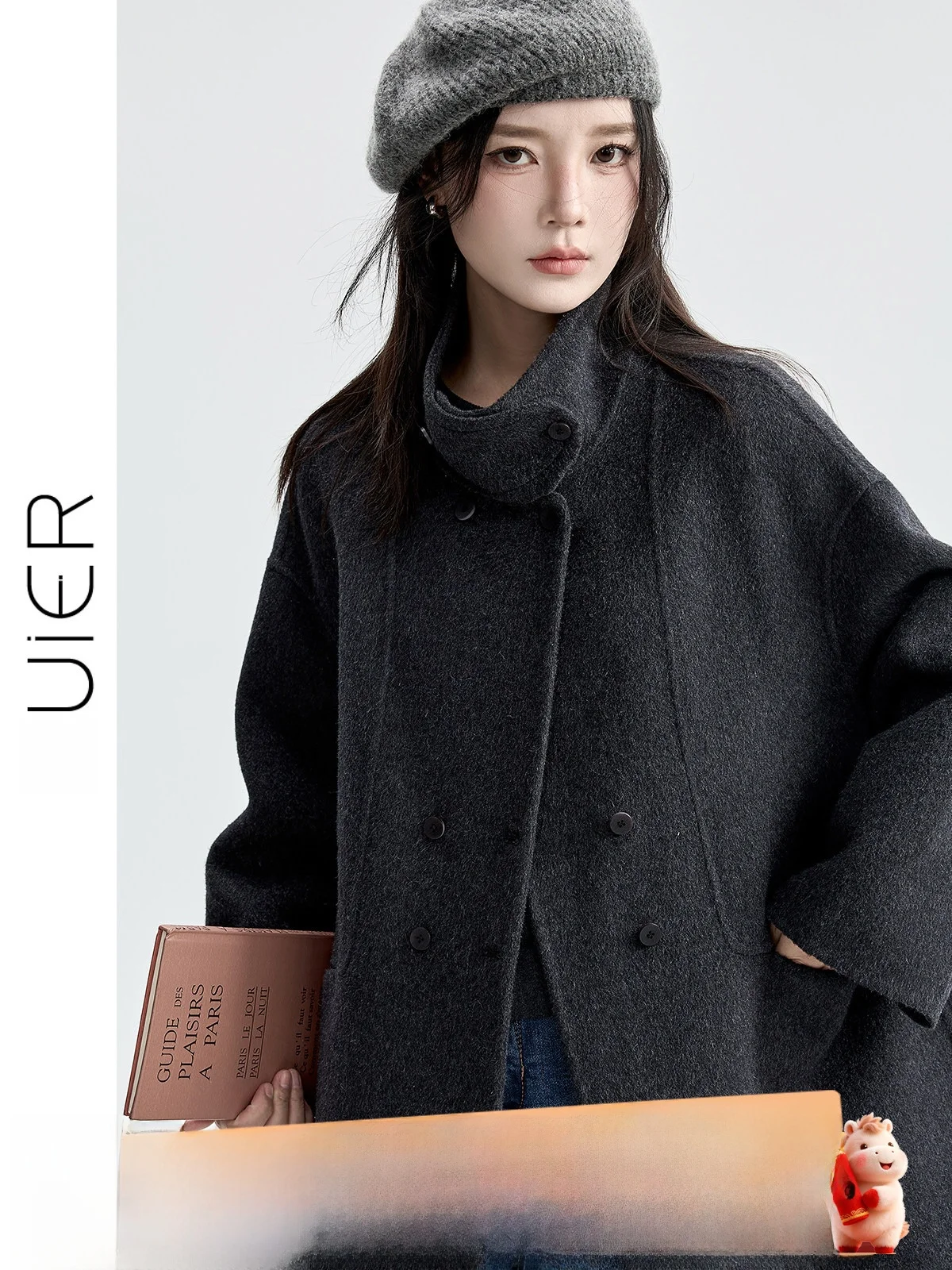 

Double-Faced Woolen Coat Women's Medium-Length Loose Fit Slimming Stand Collar Double-Button Closure Winter Outerwear