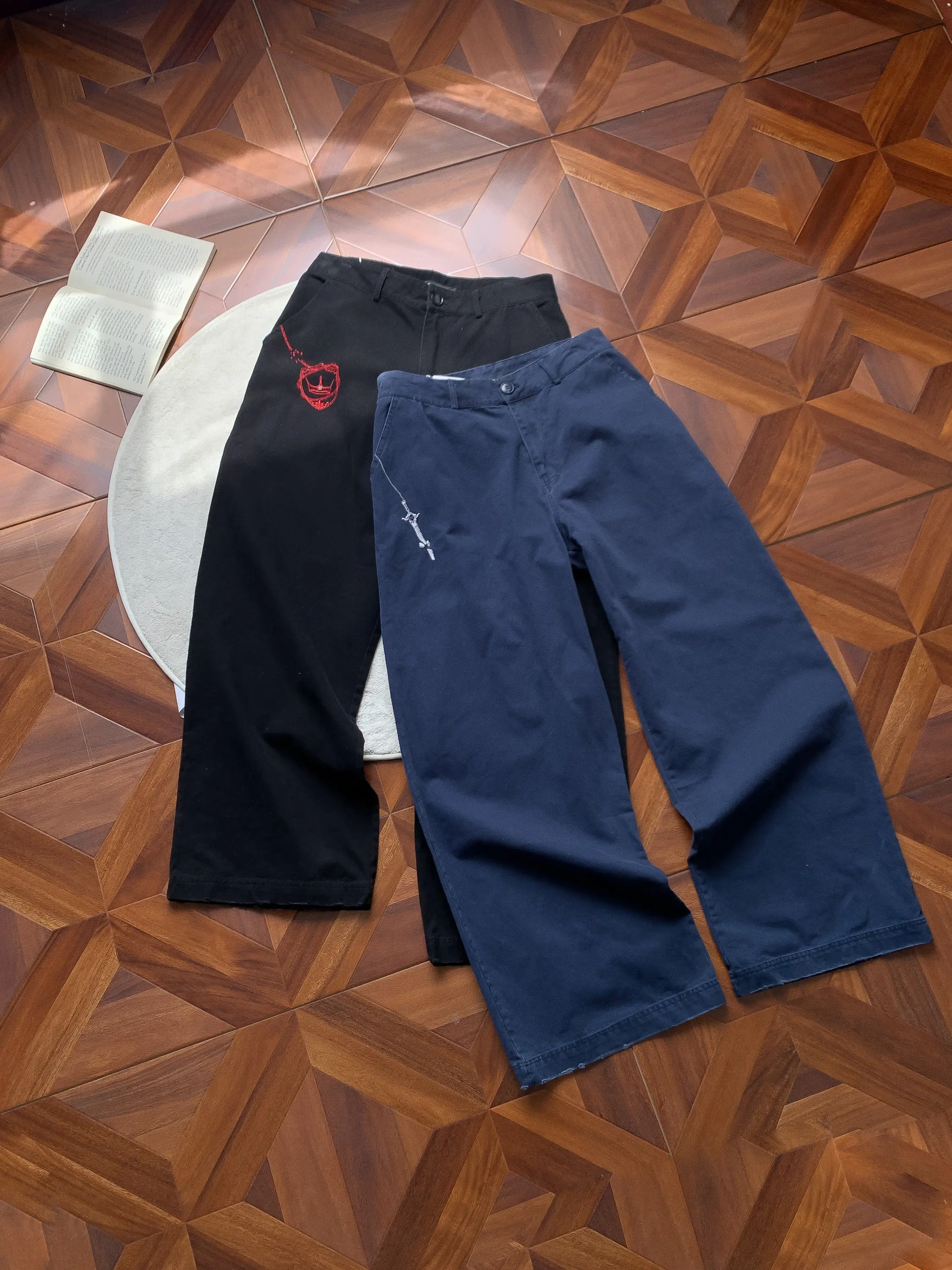 Retro Washed American High Street Men's Work Pants Embroidered  Hair Loose Straight Leg Casual Wide Leg Jeans