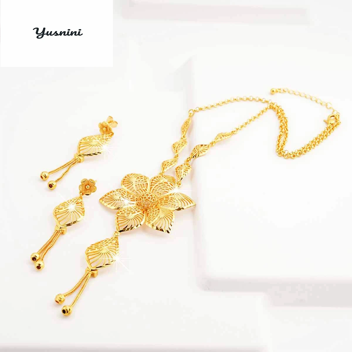 Fashion Middle East America 24K Gold Plated Customized Necklace Earrings for Couples' Wedding Christmas Gift Jewelry Set DD10936