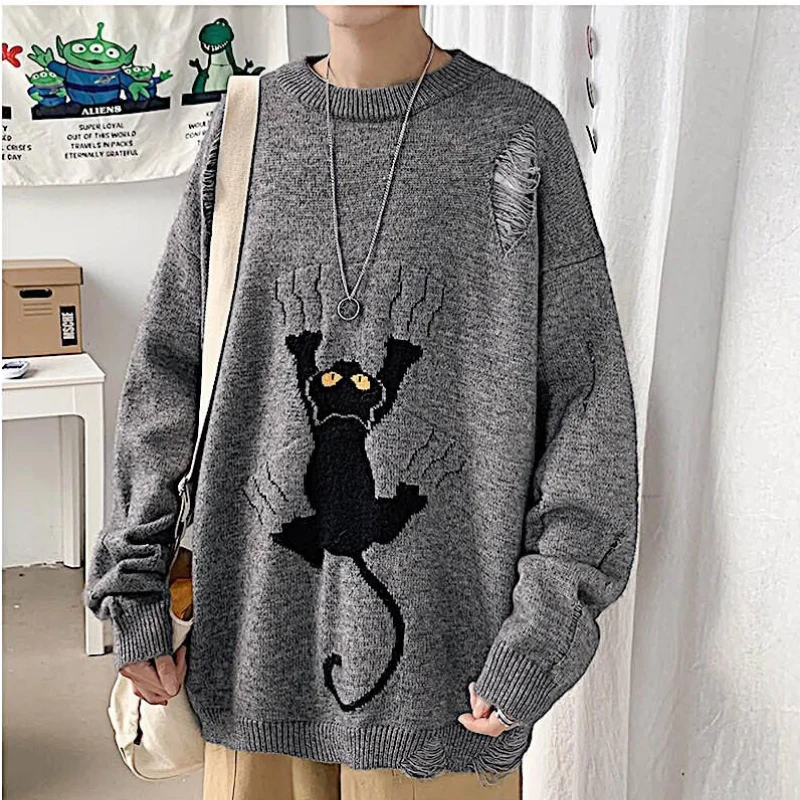 Autumn Korean Version Casual Harajuku Knitted Man Pullovers Fashion Cartoon Funny Cat Print O-neck Wild Korean Sweater Men