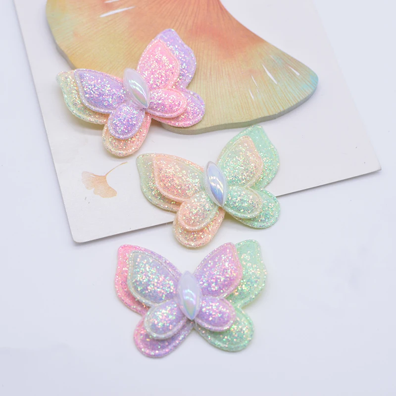 10Pcs 42*32mm Glitter Butterfly Padded Appliques for DIY Clothes Hat Shoes Sewing Patches Headwear Hair Clips Bow Decor