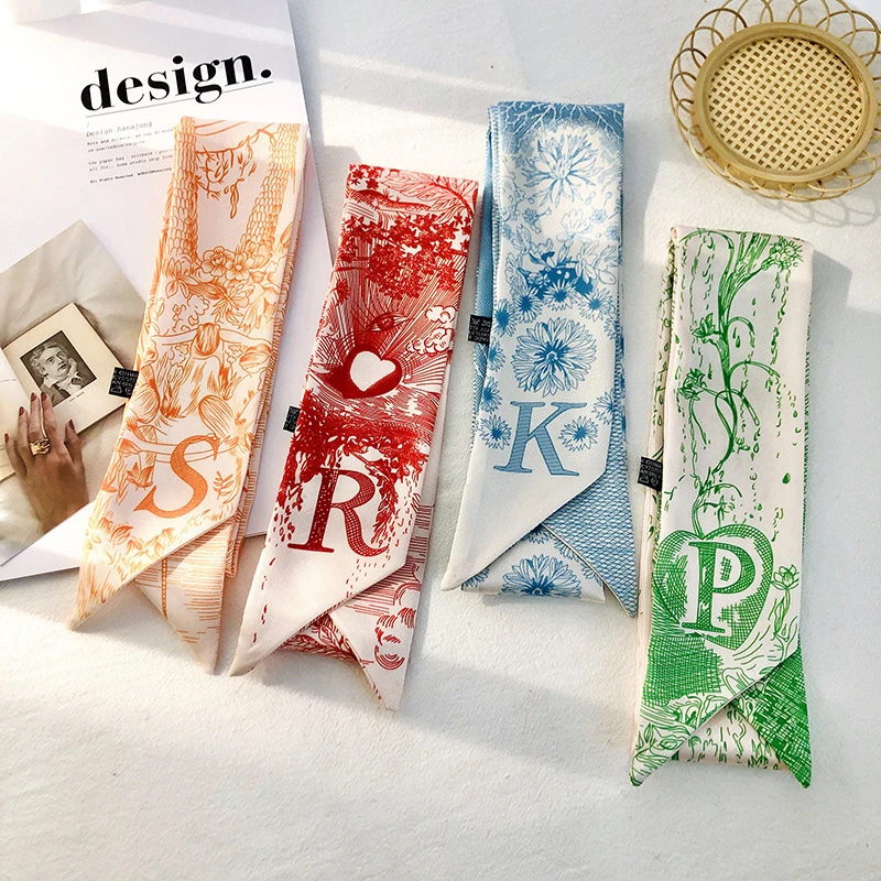 100*6cm 26 Initials Letters Luxury Bag Scarf Narrow Silk Small Scarf Bandana Hair Tie For Women Print Hijab Neckerchief Headband