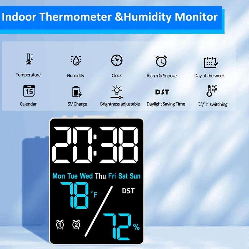 Digital Room Thermometer Hygrometer Alarm Clock For Desk, Indoor Humidity And Temperature Measurement With LED Display