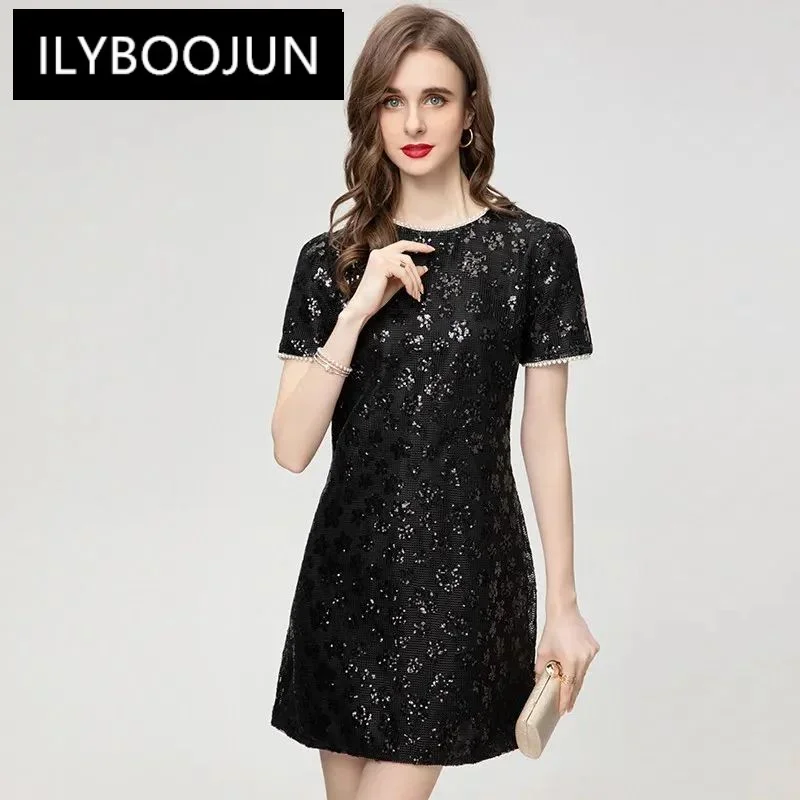 

ILYBOOJUN New Fashion Designer Women's Spring 2024 New High Quality Vintage Short-Sleeved Sequin Pearl Mesh Loose Mini Dress