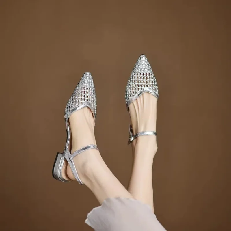 French Pointed-Toe Woven High-Heeled Sandals, Breathable Mesh Leather, Summer Fashionable Open-Toe Large-Size Women's Shoes - view 6