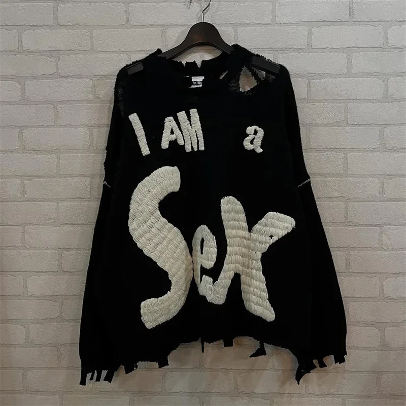 New black Saint Mxxxxxx distressed sweater loose casual men's streetwear