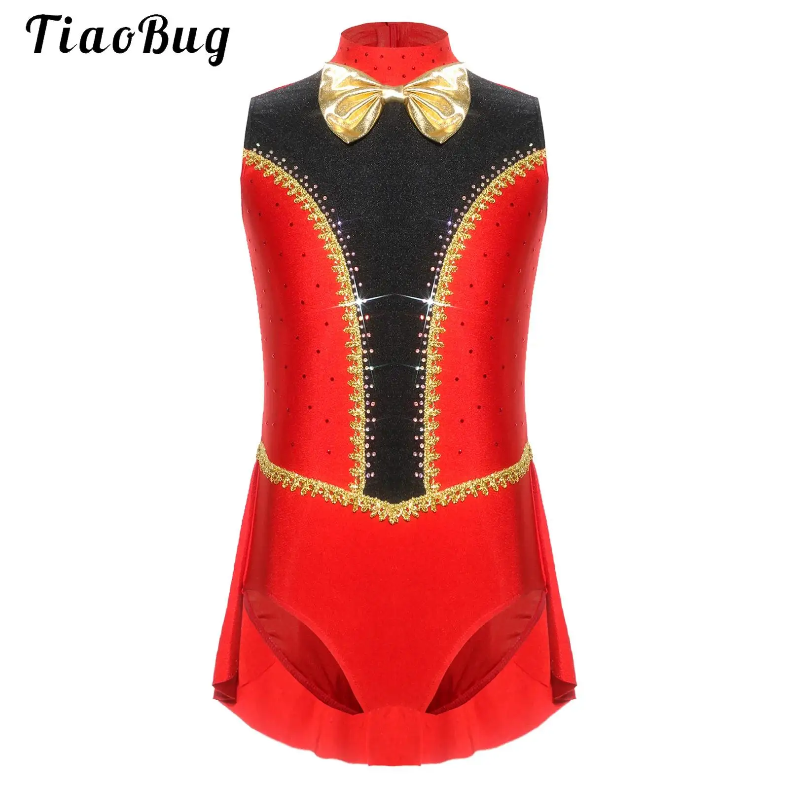 Kids Circus Costumes Girls Ringmaster Jumpsuit Metallic Bowknot Sleeveless Leotard Rhinestones Bodysuit Halloween Party Tailcoat