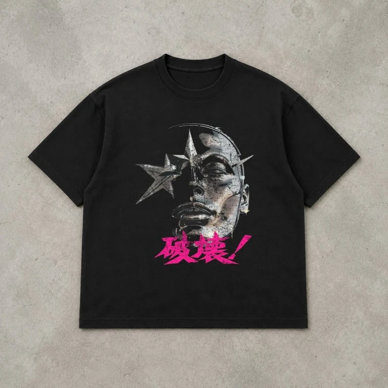 Men Cyberpunk Mechanical Face Graphic T-Shirt Japanese Kanji Destruction Print Crew Neck Short Sleeve Streetwear Summer Tee