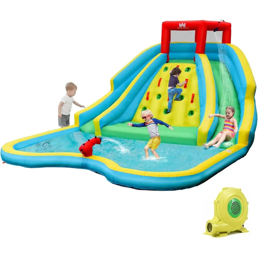 Iatable waterglijbaan, gigantisch waterglijbaanpark voor kinderen achtertuin buitenplezier met dubbele lange glijbanen, 950 W blazer, klimmen