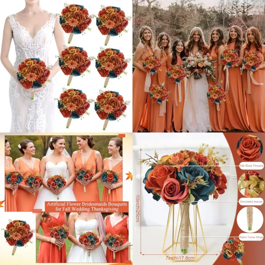 

Set of 6 Bridesmaids Bouquets for Wedding - 7 inch Artificial Flower Bridesmaid Bouquet Silk Rose Small Floral Bouquet for Brid