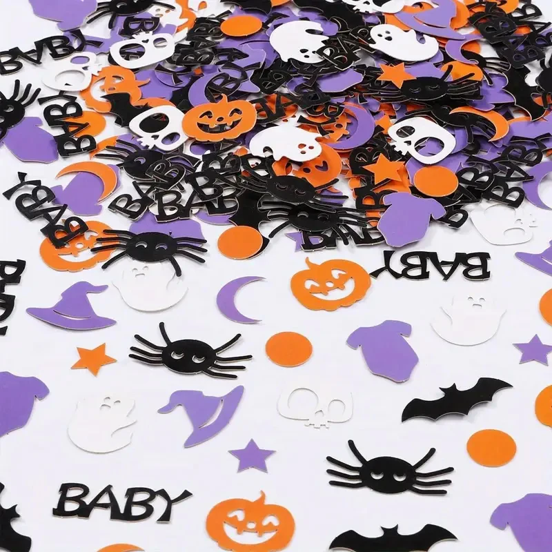 200 Stück Halloween Babyparty Konfetti, Spinne Kürbis Fledermaus Zauberer Hut Schädel Mond Stern Kreis Punkte Halloween Dusche Desktop Decora