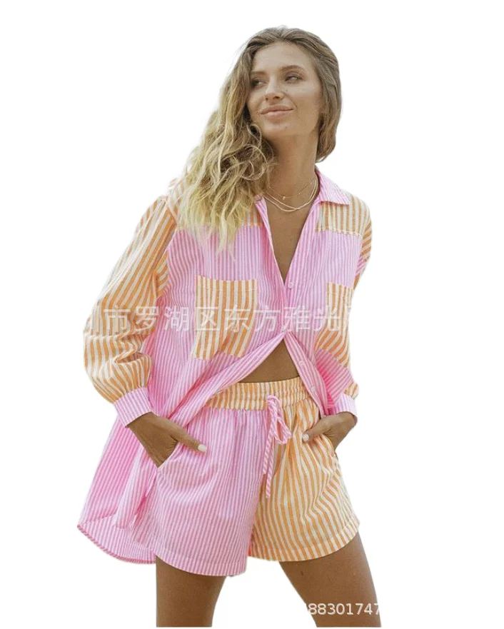 

Stripe Print Short Pants Sets Women Fashion Casual Vacation Style Shirts Shorts Two Piece Set Trendy Spring Summer New Lady Suit