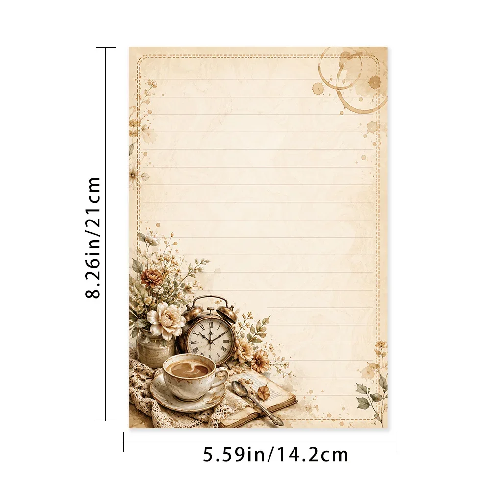 50 Sheets, Retro Coffee Alarm Clock Dried Flowers Writing Paper, Lined, Glue-free, Perfect For Notebooks, Memos, And Stickers