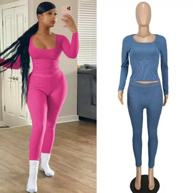 Casual Solid Ribbed T Shirt Pants Woman Slim Square Collar Long Sleeve Short Top Women Clothing Set Spring Autumn Streetwear