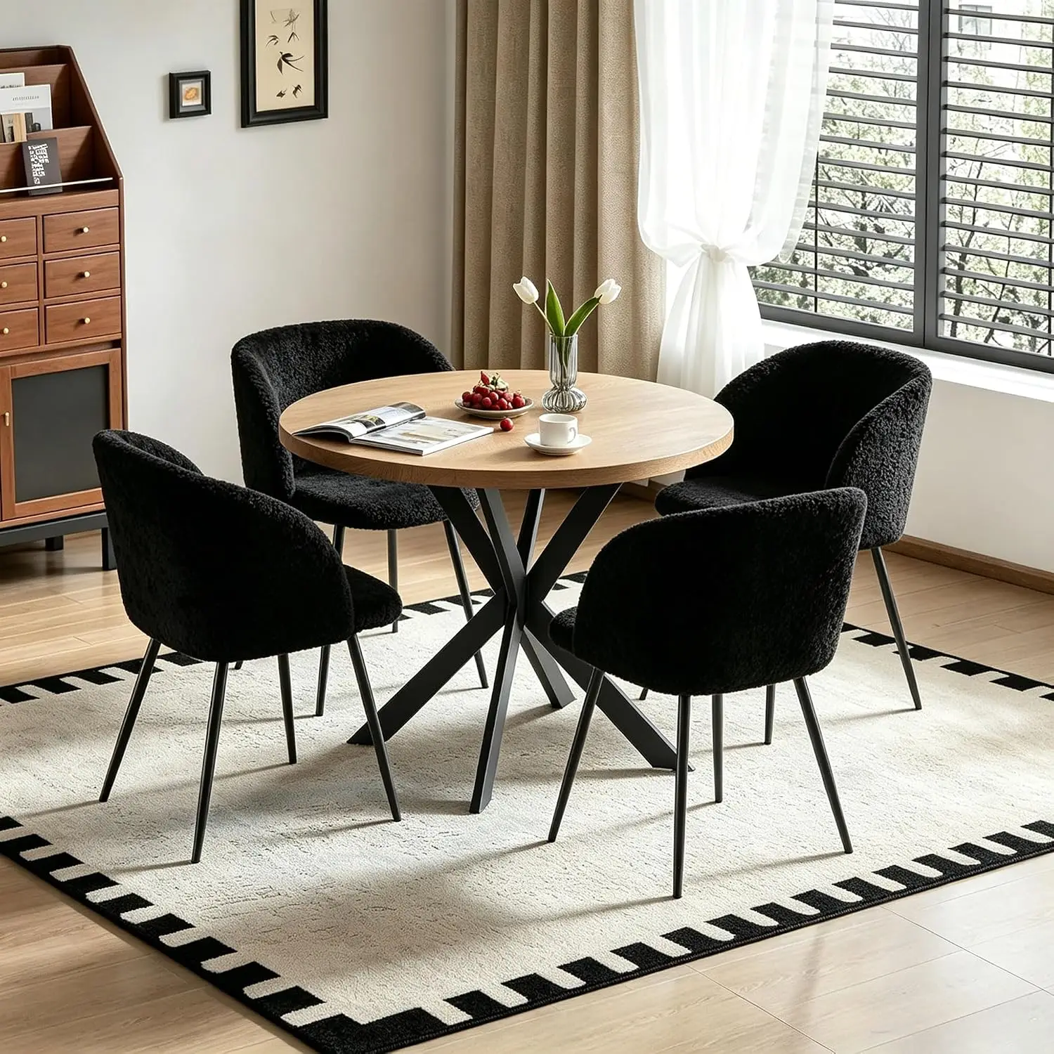Round Dining Table Set 5-Piece with Upholstered Chairs for 4, Black Barrel Bistro Furniture for Apartment Restaurant, Customized