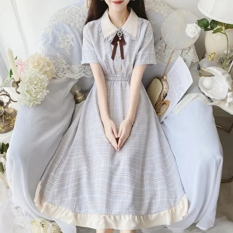 Girls\' Lolita Waist Collection Dress College Style Doll Neck Bow Grid Splicing Dress Japanese Korean New Chiffon Dresses 2024