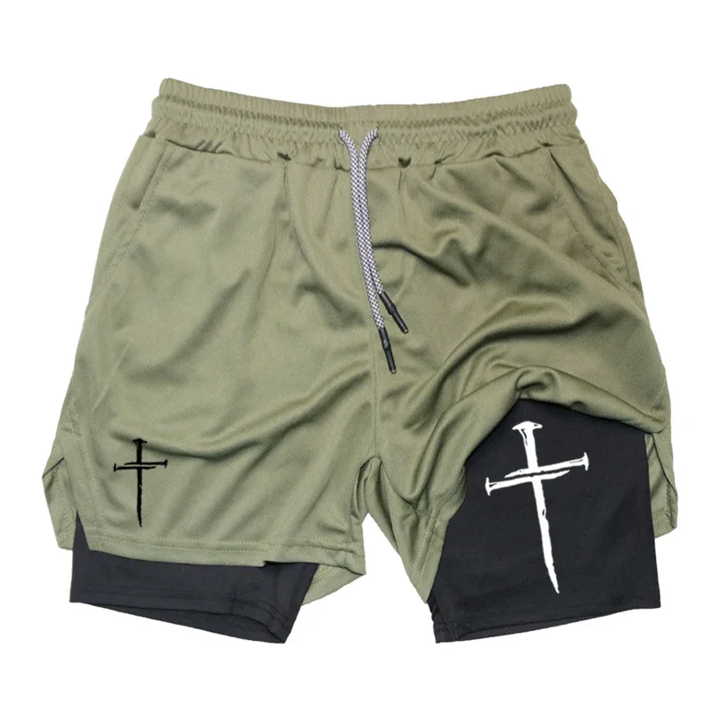 Men'S Cross Print 2 In 1 Fitness Running Shorts Christian Fitness Shorts With Cell Phone Pocket Towel Loop Sportswear