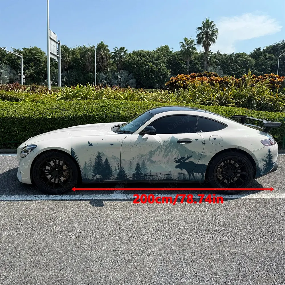 2pcs Ink Wash Style Forest Moose Car Side Wraps, Self-Adhesive PVC Waterproof & Scratch-Resistant Stickers, Car Accessory Gift