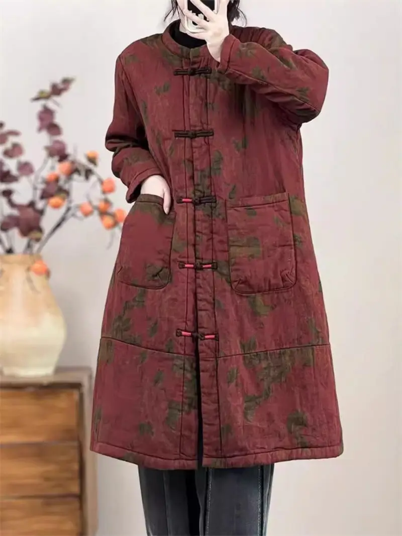 Winter Women Jackets 2024 Chinese Style Retro Plate Buckle Printed Cotton Clothing Medium Long Ethnic Warm Quilted Coat K1851