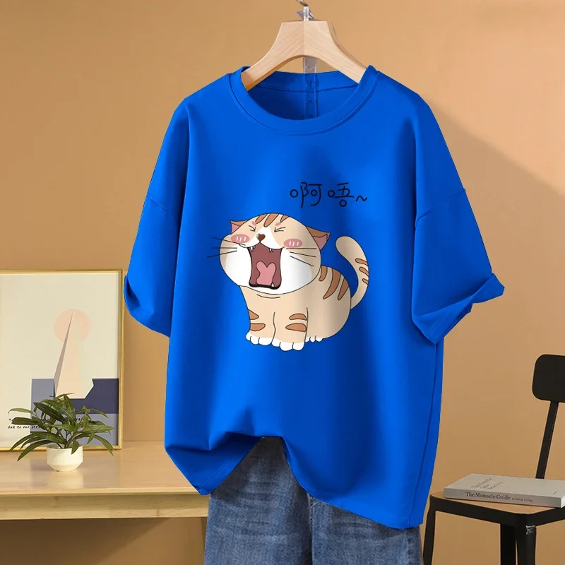 EBAIHUI 100% Cotton L-5XL Plus Size T Shirt Cat Print O Neck Tshirt Short Sleeve Women Top Basic Summer Couple Solid T Shirts