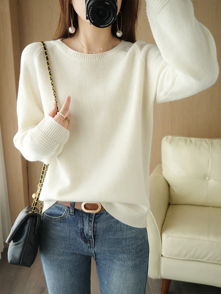 Yoyoselect 100% Merino Wool Women's O-neck Pullover Knitwear Autumn Winter Thickened Sweater Solid Basic Warm Cozy Wool Tops