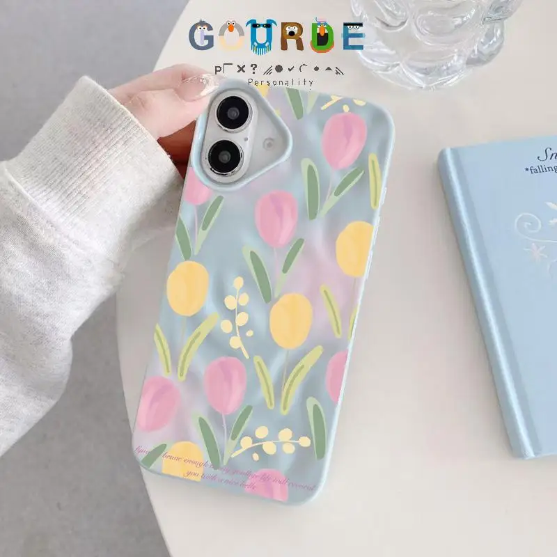

Gourde Beautiful Tulip Pattern 3D Wave Glossy Phone Case for Iphone 16 15 14 12 13 11 Pro Max Plus Soft Shockproof Back Cover