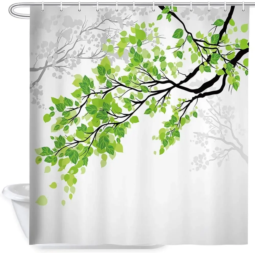 Leaf Shower Curtains Set Yellow and Grey Leaves Tree Branch Art Printing Polyester Fabric Bath Curtain for Bathroom,  With Hooks