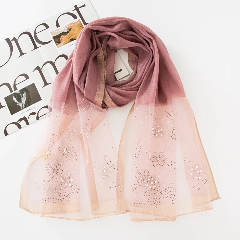 

Elegant Wrap Fashion Flower Pearls Scarf Shimmer Hijab Shawl Design Long Muslim Women Smooth Soft Underscarf Hijabs