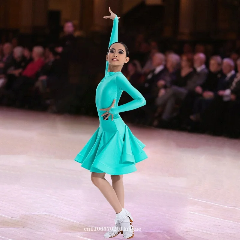 Girls Latin Dance Competition Clothing Glossy Fabric Long Sleeves Dance Dress Kids Cha Rumba Dance Practice Training Wear New