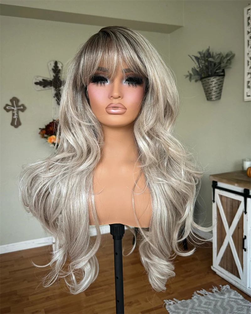 Peruca frontal de renda sintética com franja para mulheres, perucas longas de onda solta, ombre, preto, loiro, natural, resistente ao calor, cosplay