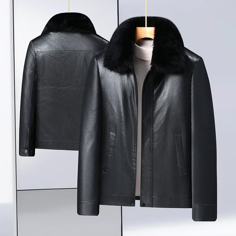 

High Quality Plus Fat Plus Size Middle-aged and Elderly Fur Collar Down Lining Can Be Removed Leather Men's Casual Leather Coat