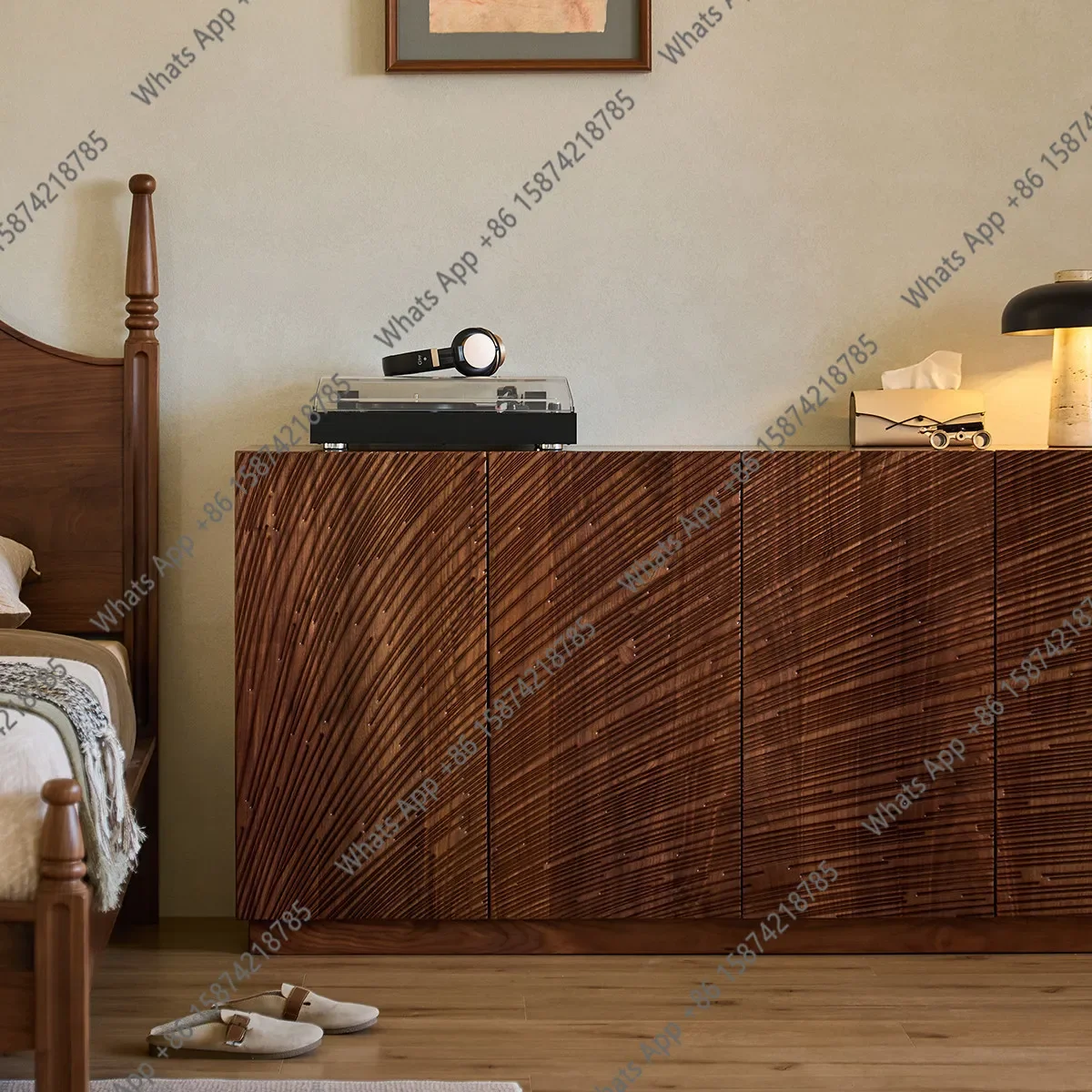 T North American Black Walnut Solid Wood Chest Designer Art Engraving Dining Side Cabinet Bedside Bedroom Storage Locker