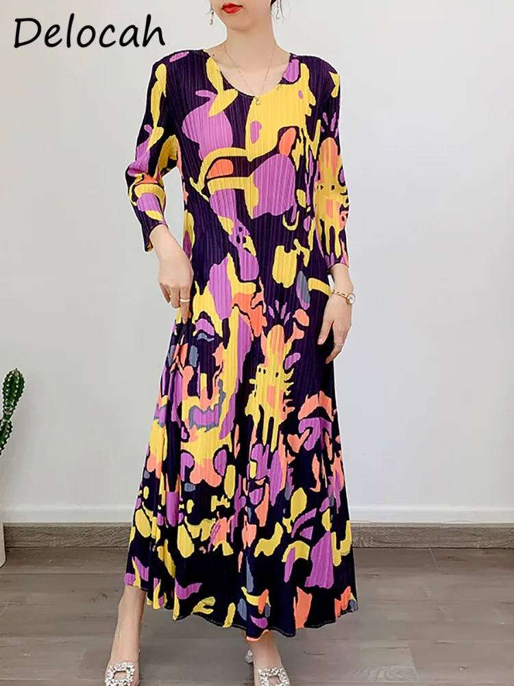 

Delocah High quality Summer Women Pleated Designer Long Dress Regular Sleeve Casual Print Ruffle Hem Big Swing Party Dresses