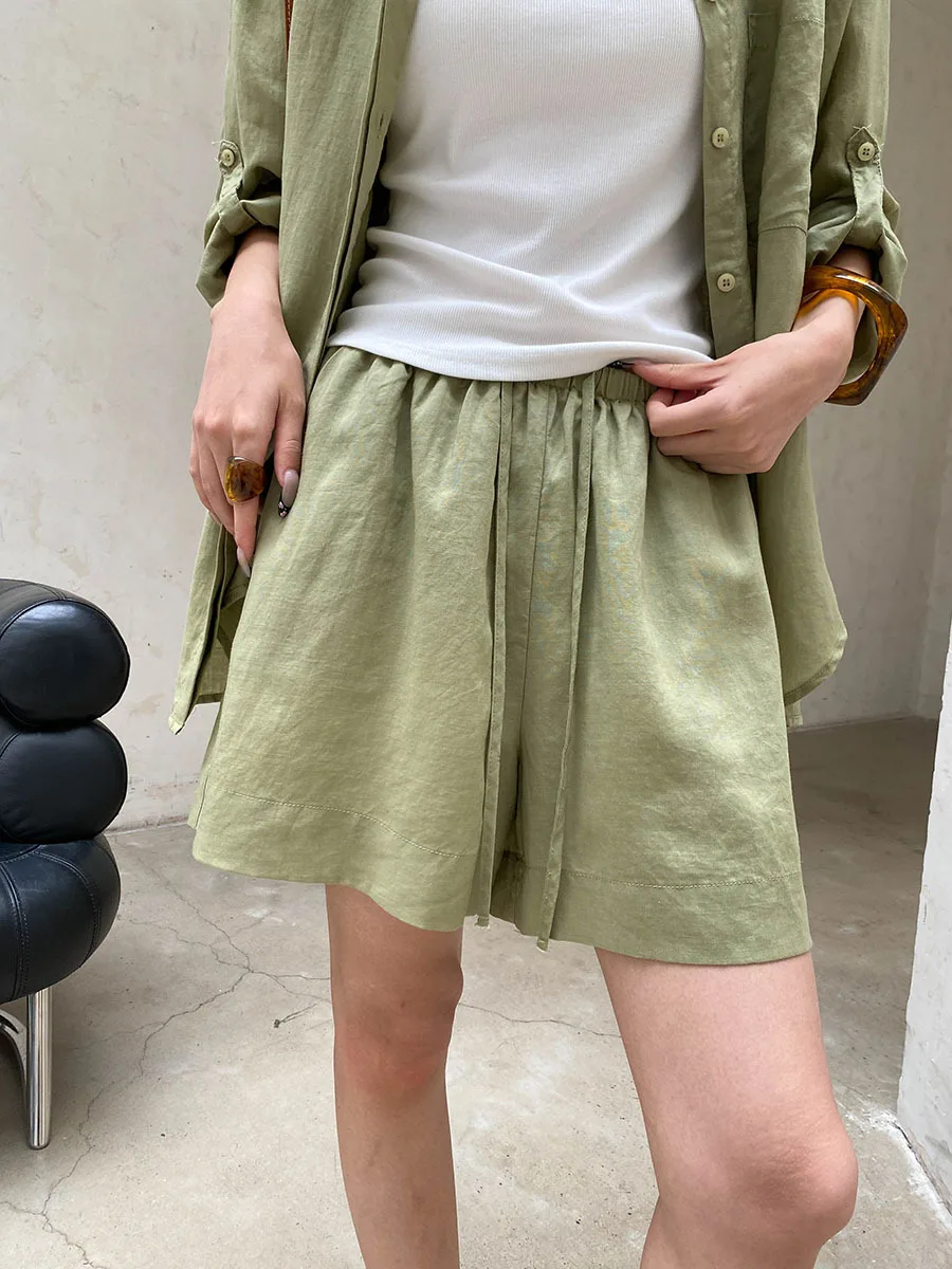 Sommer Damen Casual Einfarbiges Sonnenschutz-Kragen-Langarmshirt mit Kordelzug-Shorts, Lockeres Set – Detail 12