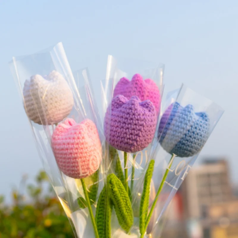 

10pcs Knitting Flower Rose Tulips Daisy Single Bouquet Simulation Home Decoration Wedding Hand-Knitted Crochet Fake Floral