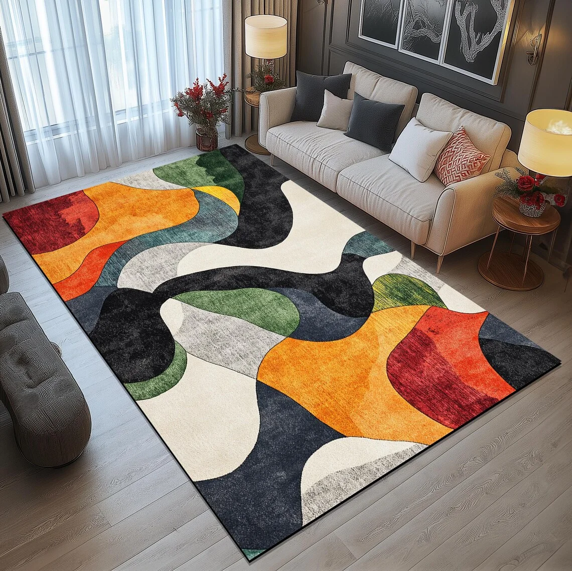 سجادة مطبخ هندسية حديثة لمنتصف القرن مضادة للانزلاق للمطبخ وغرفة المعيشة وغرفة النوم وسجاد منطقة قابل للغسل