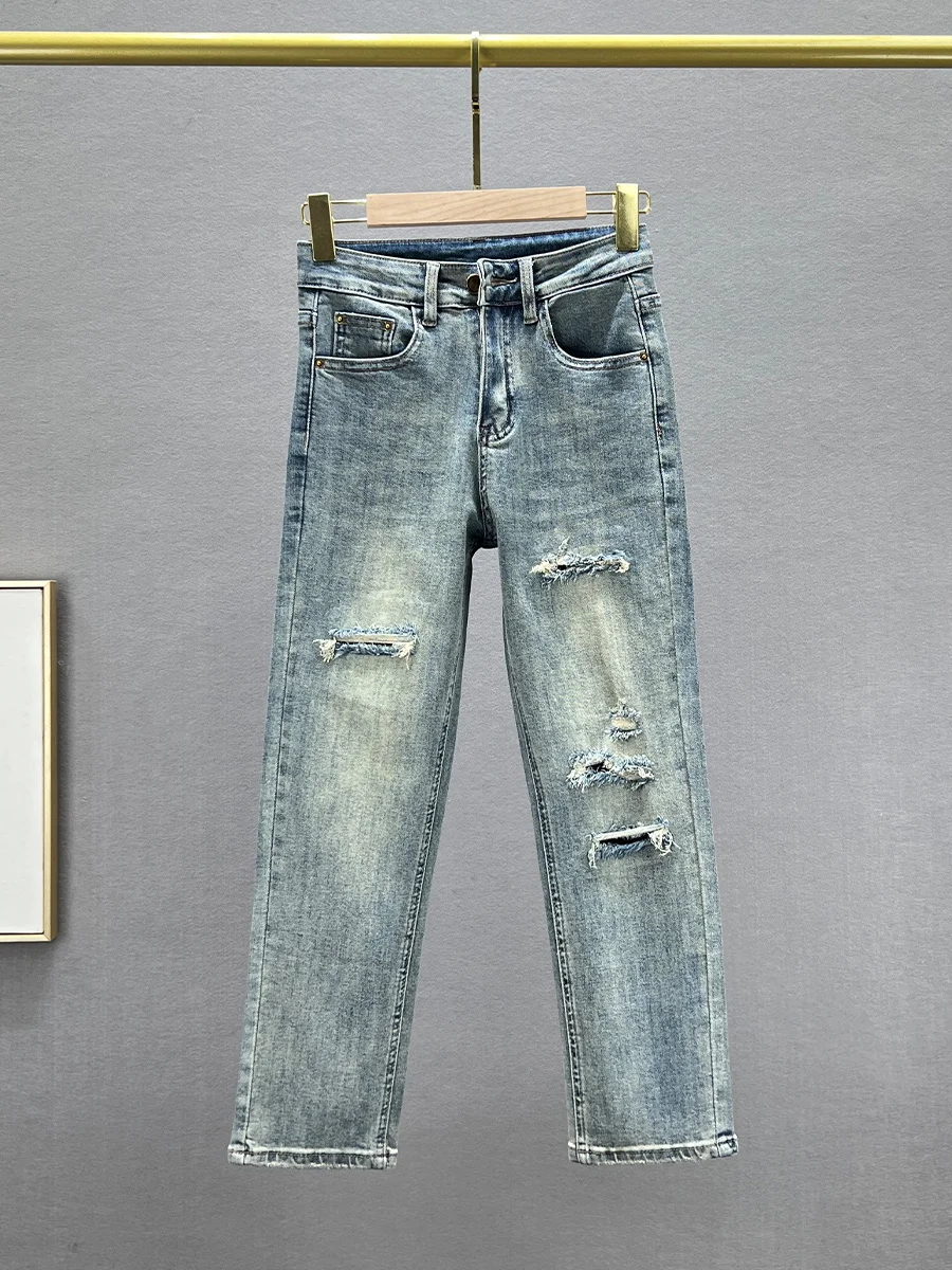 

High Waist Straight Leg Denim Jeans Women's Spring Summer New Style Slimming Fake Hole Eighteen Smoke Tube Pants Cotton Stretch