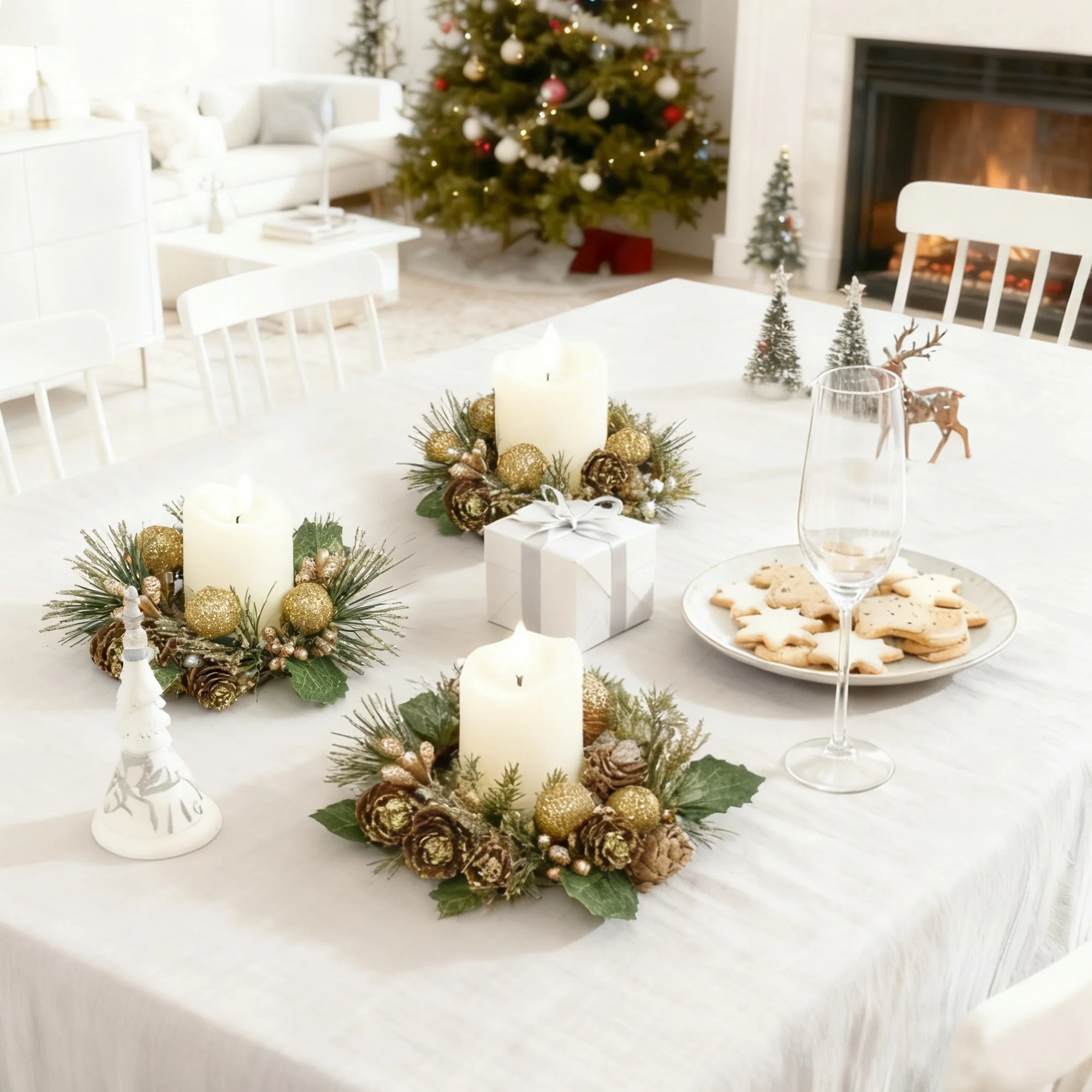 

Elegant Golden Berry & Pinecone Candle Ring Set 6 Pre-Lit Wreaths with Glass Cup LED Candles for Cozy Christmas Table and Home