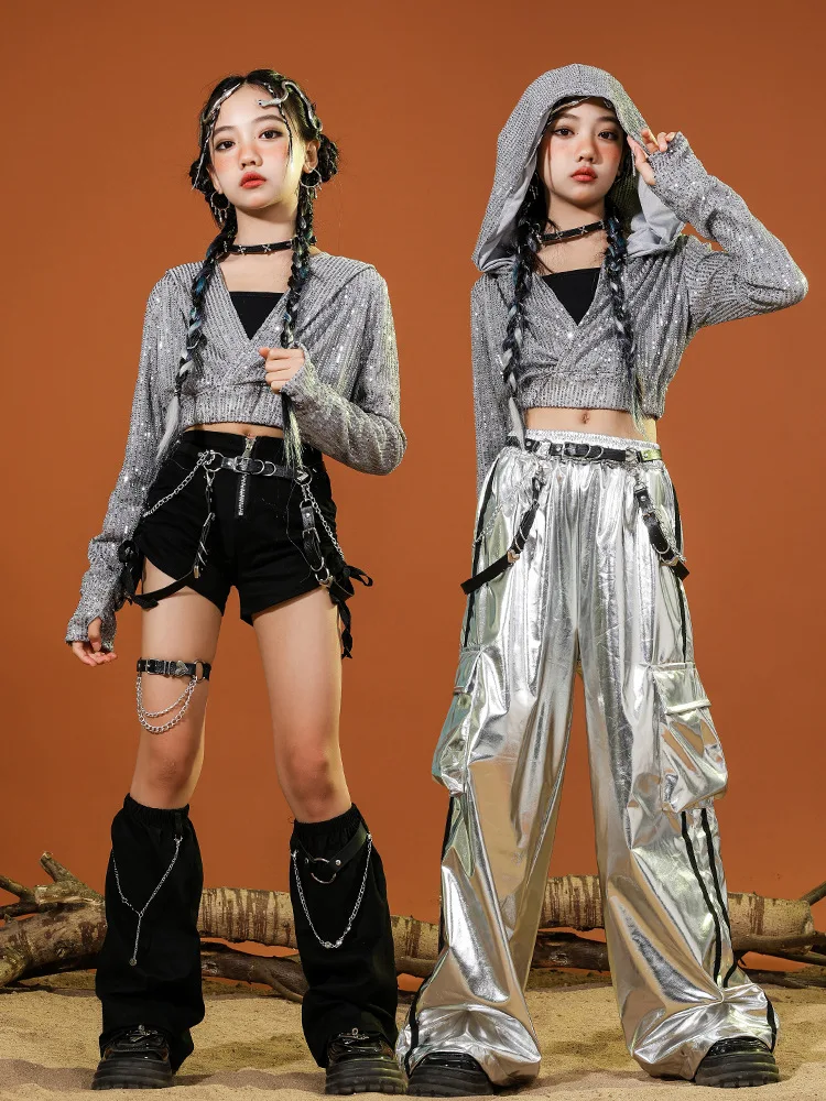 Kinder Hip Hop Street Kleidung Silber Pailletten Jacke Schwarz Reißverschluss Shorts Silber Hosen für Mädchen Streetwear Jazz Dance Kleidung