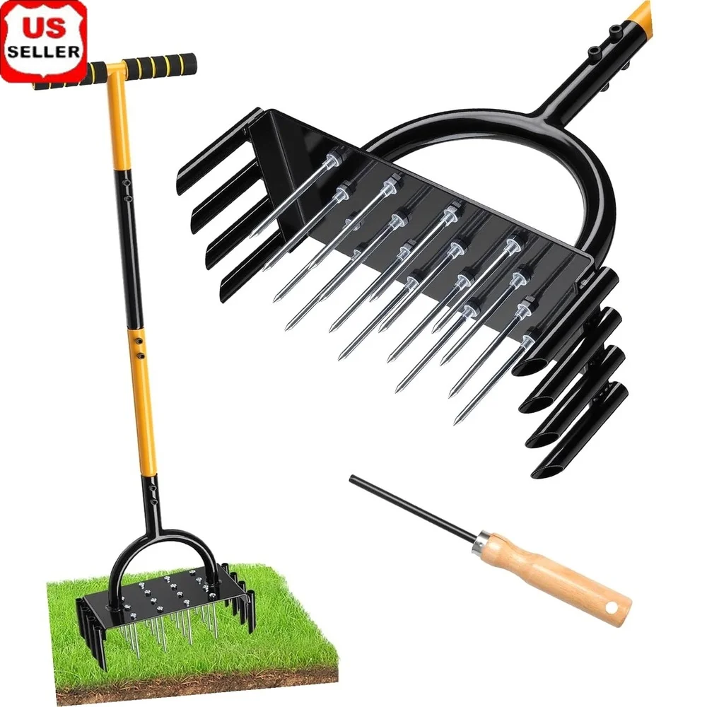 

2-in-1 Manual Lawn Aerator Metal Core Tool with 16 Iron 8 Tines Comfortable T-handle Garden Maintenance Equipment