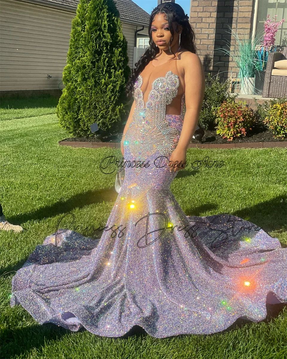 

Sexy Glitter Silver Mermaid Prom Dresses For Black Girls 2025 Luxury Sequins Party Gowns Homecoming Gowns Robe De Ball