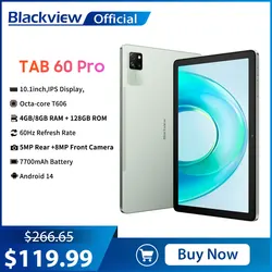 Планшетный ПК Blackview Tab 60 Pro, 10,1-дюймовый IPS-дисплей, восьмиядерный процессор T606, 4 ГБ/8 ГБ ОЗУ + 256 ГБ ПЗУ, аккумулятор 7700 мАч, зарядка 10 Вт, Android 14