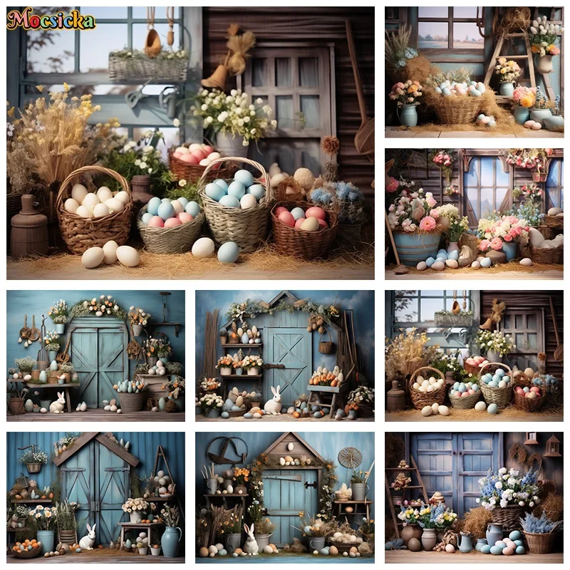 

Mocsicka Spring Photography Backdrops Easter Party Eggs Floral Wooden Door Background Kids Happy Birthday Cake Smash Photo Props