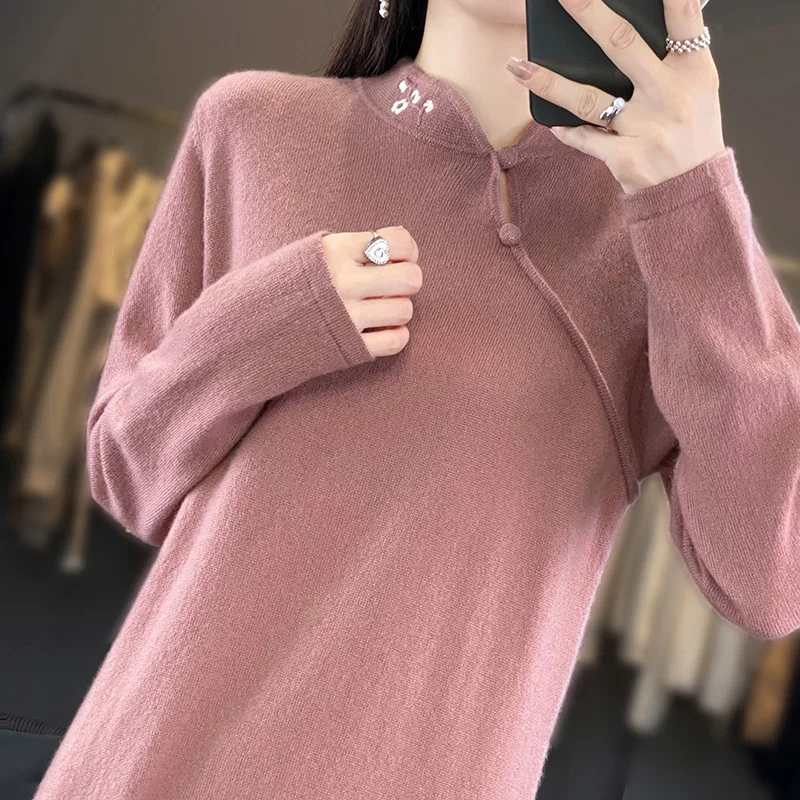 High Quality Women Loose Dress 100% Cashmere and Wool Knit V-neck Jumpers 2023 New Fashion Winter Lady  Pullovers NJ01