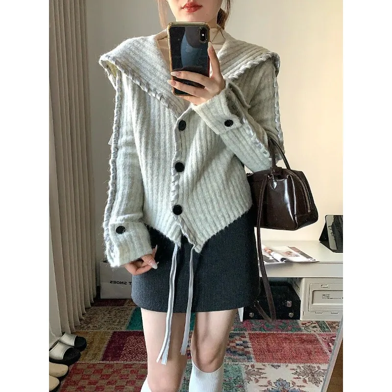 

Retro Grey Lapel Ribbon Knit Cardigan Women's Autumn and Winter 2025 New Loose Lazy Wind Sweater Coat