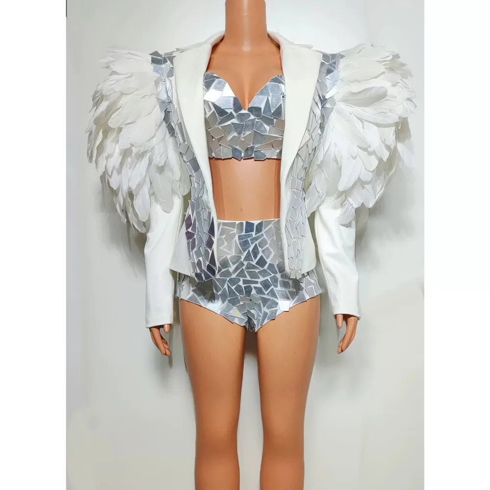 White Feather Mirror Coat Sequin Bikini Nightclub Stage Performance Dance Outfit Singer Concert Exaggerated Drag Queen Costume