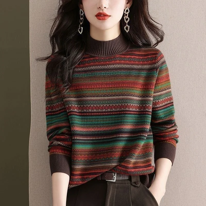 

Autumn and Winter Women's Retro Striped Fashionable Loose Half Turtleneck Sweater Base Top