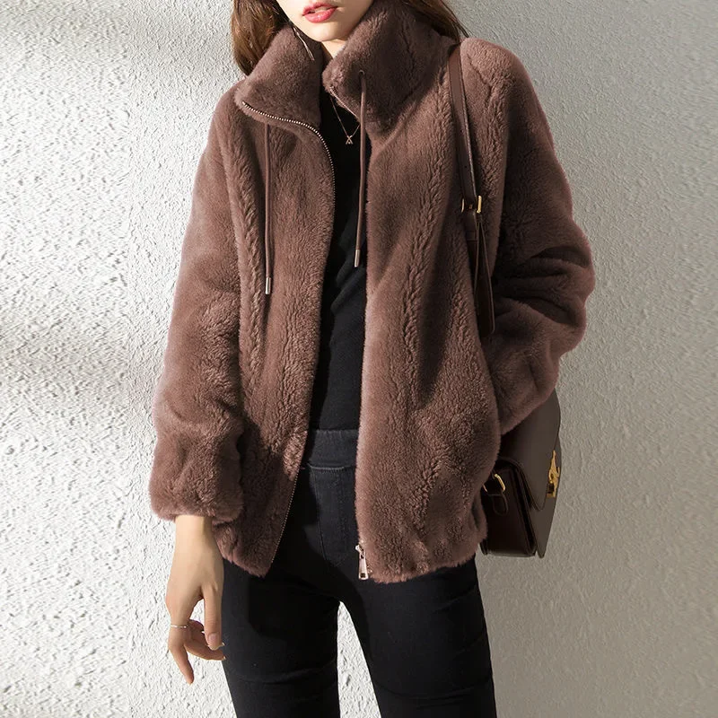 

Warm Coral Wool Double Coat For Women, Thick Pullover Coat Raised Neck, Fashionable Long Sleeve Casual Clothing Zipper For Women