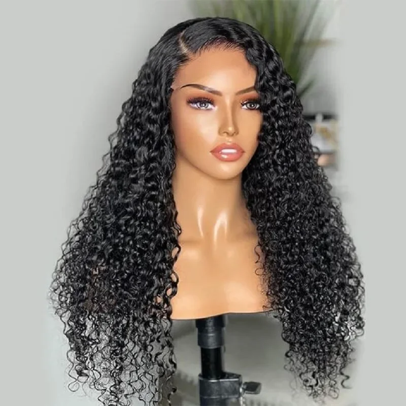 Soft 180Density Long 26" Black Glueless  Kinky Curly Lace Front Wig For Women With Baby Hair Synthetic Preplucked Heat Resistant